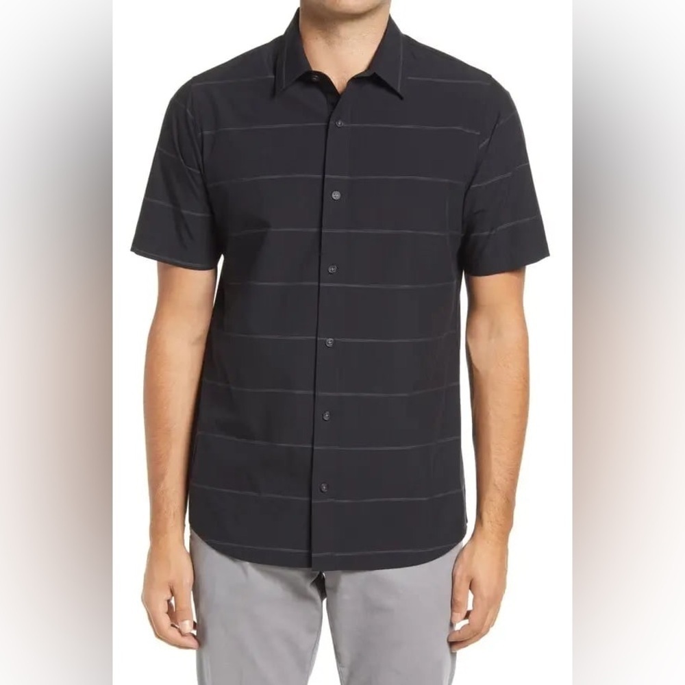 Travis Mathew Isla Blanca Short Sleeve Stretch Black Striped Button Up Shirt S